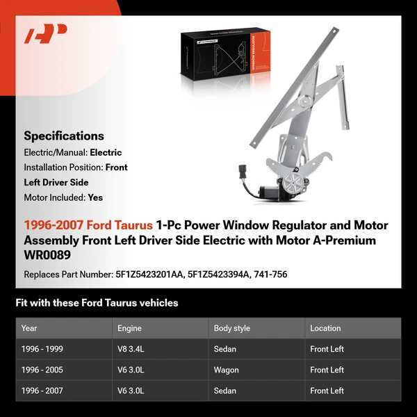 1996-2007 Ford Taurus 1-Pc Power Window Regulator and Motor Assembly Front Left Driver Side Electric with Motor A-Premium WR0089