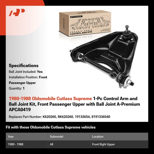 1980-1988 Oldsmobile Cutlass Supreme 1-Pc Control Arm and Ball Joint Kit, Front Passenger Upper with Ball Joint A-Premium APCA0419