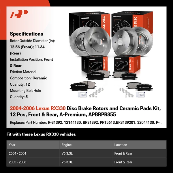 2004-2006 Lexus RX330 Disc Brake Rotors and Ceramic Pads Kit, 12 Pcs, Front & Rear, A-Premium, APBRPR855