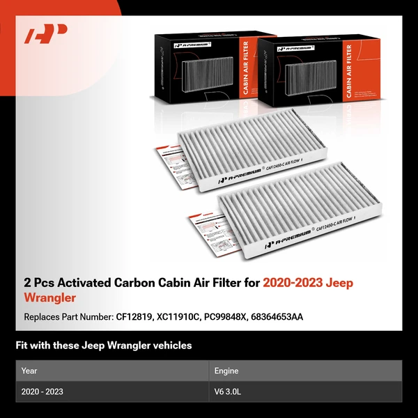 2 Pcs Activated Carbon Cabin Air Filter for 2020-2023 Jeep Wrangler
