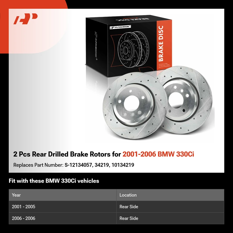 2 Pcs Rear Drilled Brake Rotors for 2001-2006 BMW 330Ci