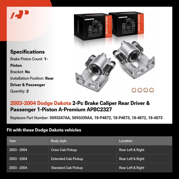 2003-2004 Dodge Dakota 2-Pc Brake Caliper Rear Driver & Passenger 1-Piston A-Premium APBC2327