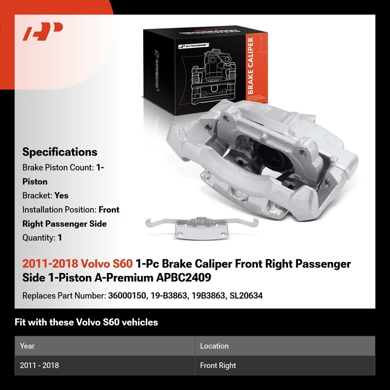 2011-2018 Volvo S60 1-Pc Brake Caliper Front Right Passenger Side 1-Piston A-Premium APBC2409