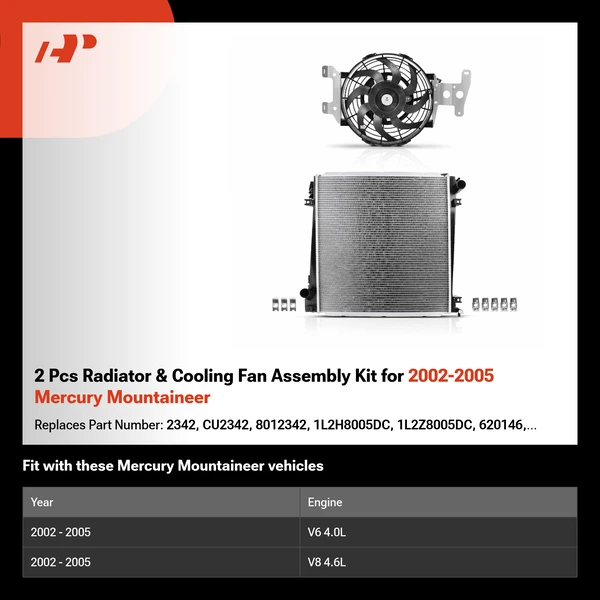 2 Pcs Radiator & Cooling Fan Assembly Kit for 2002-2005 Mercury Mountaineer