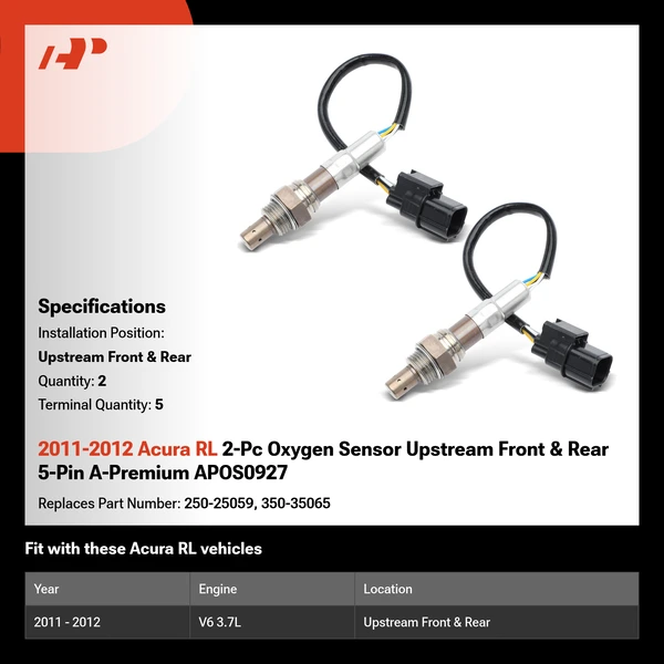 2011-2012 Acura RL 2-Pc Oxygen Sensor Upstream Front & Rear 5-Pin A-Premium APOS0927