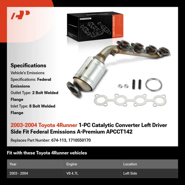 2003-2004 Toyota 4Runner 1-PC Catalytic Converter Left Driver Side Fit Federal Emissions A-Premium APCCT142