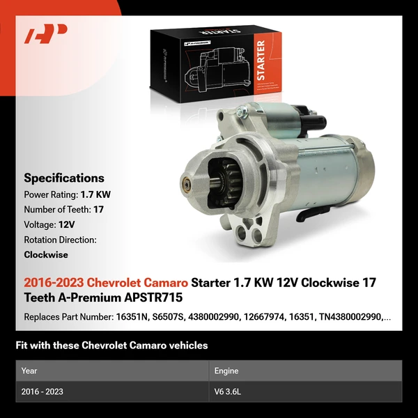 2016-2023 Chevrolet Camaro Starter 1.7 KW 12V Clockwise 17 Teeth A-Premium APSTR715
