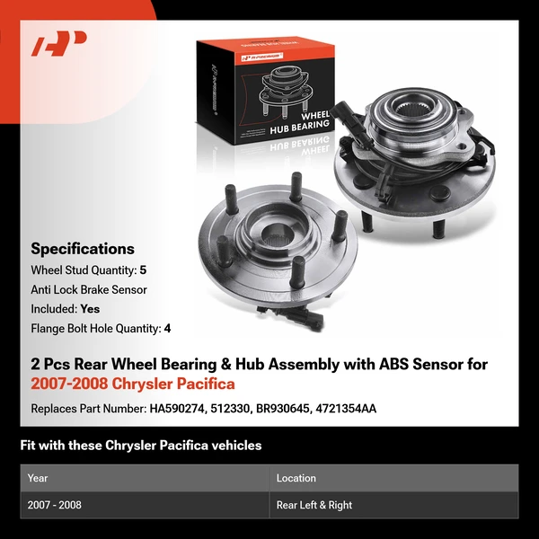 2 Pcs Rear Wheel Bearing & Hub Assembly with ABS Sensor for 2007-2008 Chrysler Pacifica