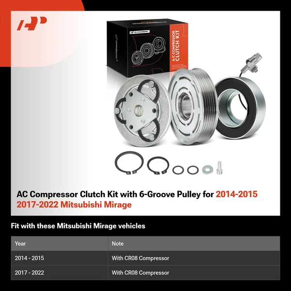 AC Compressor Clutch Kit with 6-Groove Pulley for 2014-2015 2017-2022 Mitsubishi Mirage