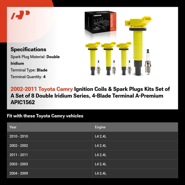 2002-2011 Toyota Camry Ignition Coils & Spark Plugs Kits Set of A Set of 8 Double Iridium Series, 4-Blade Terminal A-Premium APIC1562