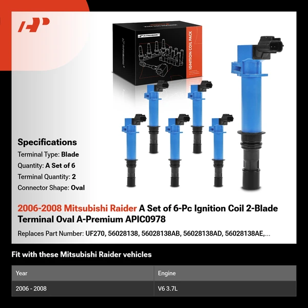 2006-2008 Mitsubishi Raider A Set of 6-Pc Ignition Coil 2-Blade Terminal Oval A-Premium APIC0978