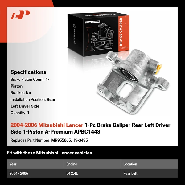 2004-2006 Mitsubishi Lancer 1-Pc Brake Caliper Rear Left Driver Side 1-Piston A-Premium APBC1443