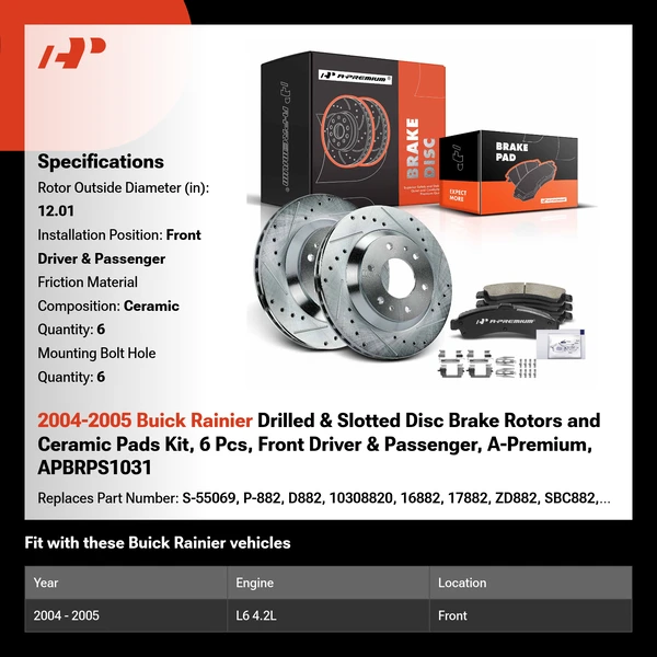 2004-2005 Buick Rainier Drilled & Slotted Disc Brake Rotors and Ceramic Pads Kit, 6 Pcs, Front Driver & Passenger, A-Premium, APBRPS1031