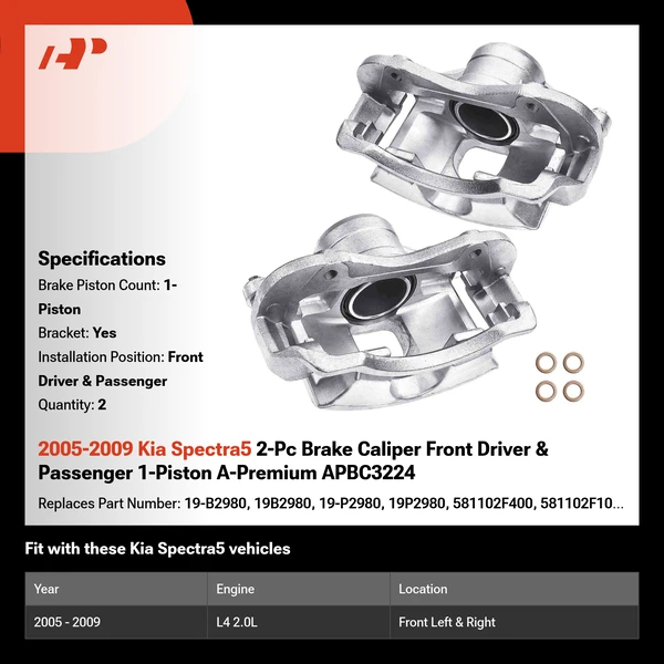 2005-2009 Kia Spectra5 2-Pc Brake Caliper Front Driver & Passenger 1-Piston A-Premium APBC3224