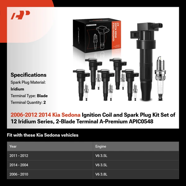2006-2012 2014 Kia Sedona Ignition Coil and Spark Plug Kit Set of 12 Iridium Series, 2-Blade Terminal A-Premium APIC0548