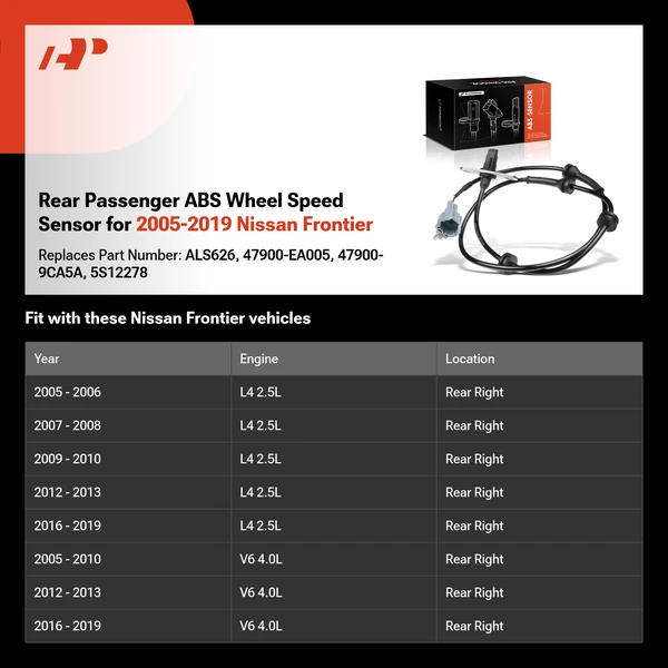 Rear Passenger ABS Wheel Speed Sensor for 2005-2019 Nissan Frontier