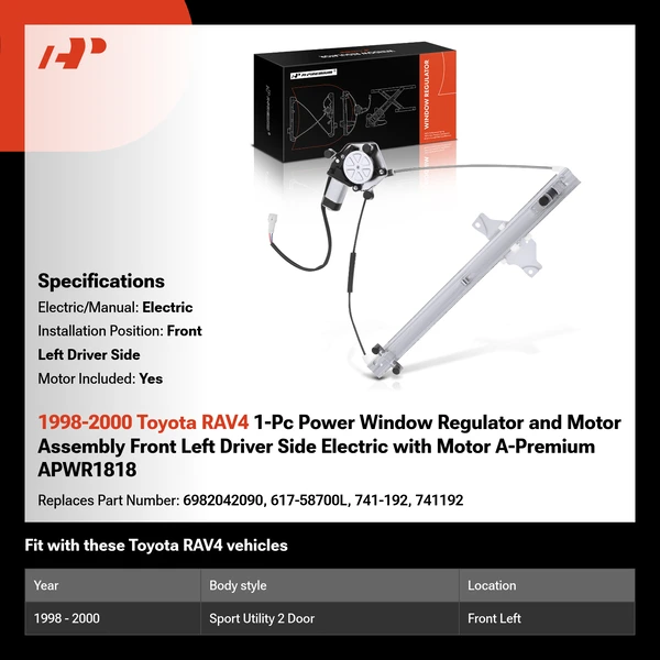 1998-2000 Toyota RAV4 1-Pc Power Window Regulator and Motor Assembly Front Left Driver Side Electric with Motor A-Premium APWR1818