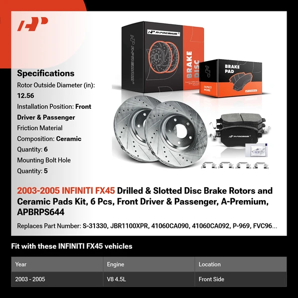 2003-2005 INFINITI FX45 Drilled & Slotted Disc Brake Rotors and Ceramic Pads Kit, 6 Pcs, Front Driver & Passenger, A-Premium, APBRPS644