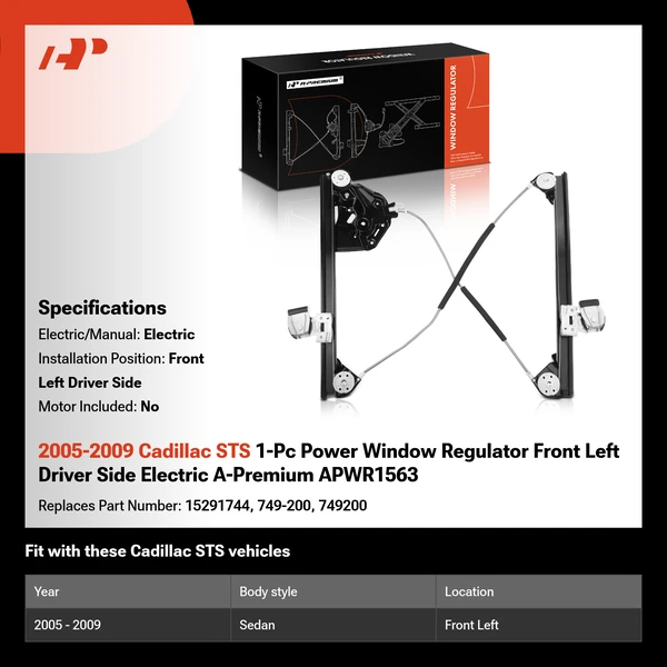 2005-2009 Cadillac STS 1-Pc Power Window Regulator Front Left Driver Side Electric A-Premium APWR1563