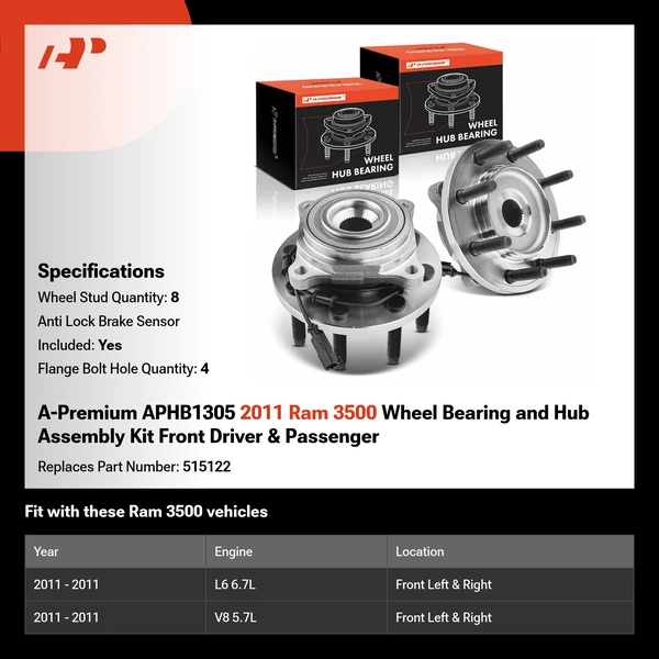 A-Premium APHB1305 2011 Ram 3500 Wheel Bearing and Hub Assembly Kit Front Driver & Passenger