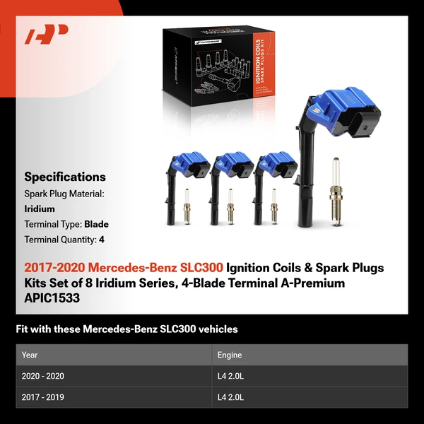 2017-2020 Mercedes-Benz SLC300 Ignition Coils & Spark Plugs Kits Set of 8 Iridium Series, 4-Blade Terminal A-Premium APIC1533
