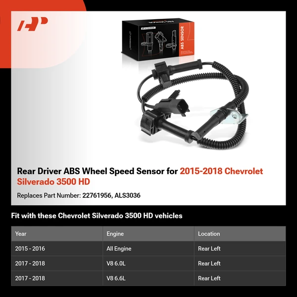 Rear Driver ABS Wheel Speed Sensor for 2015-2018 Chevrolet Silverado 3500 HD