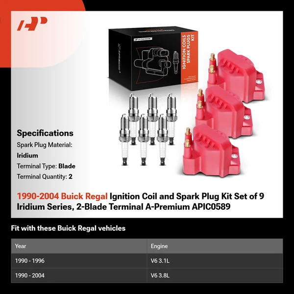 1990-2004 Buick Regal Ignition Coil and Spark Plug Kit Set of 9 Iridium Series, 2-Blade Terminal A-Premium APIC0589
