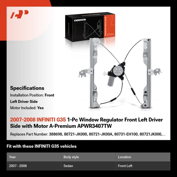 2007-2008 INFINITI G35 1-Pc Window Regulator Front Left Driver Side with Motor A-Premium APWR3407TW