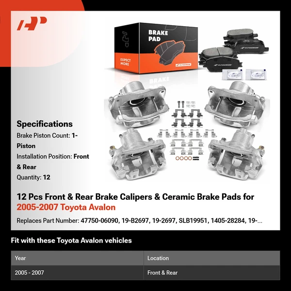 12 Pcs Front & Rear Brake Calipers & Ceramic Brake Pads for 2005-2007 Toyota Avalon
