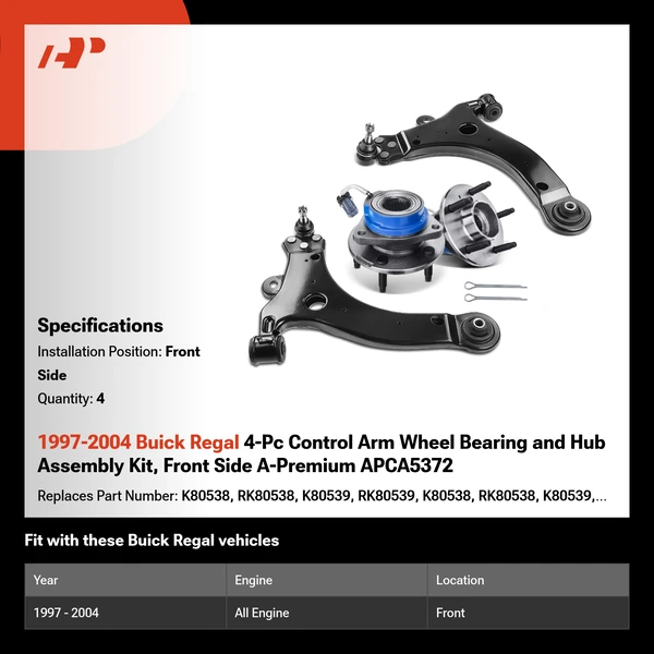 1997-2004 Buick Regal 4-Pc Control Arm Wheel Bearing and Hub Assembly Kit, Front Side A-Premium APCA5372