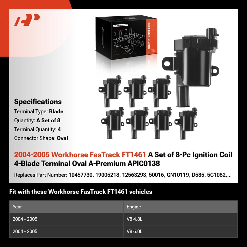 2004-2005 Workhorse FasTrack FT1461 A Set of 8-Pc Ignition Coil 4-Blade Terminal Oval A-Premium APIC0138