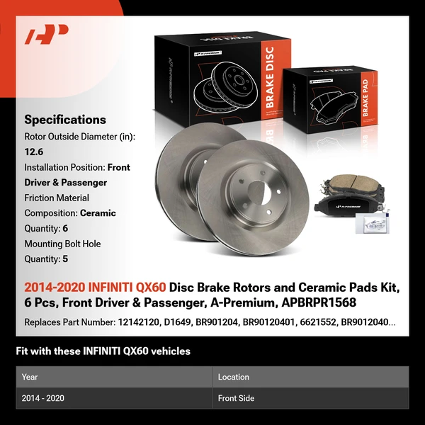 2014-2020 INFINITI QX60 Disc Brake Rotors and Ceramic Pads Kit, 6 Pcs, Front Driver & Passenger, A-Premium, APBRPR1568