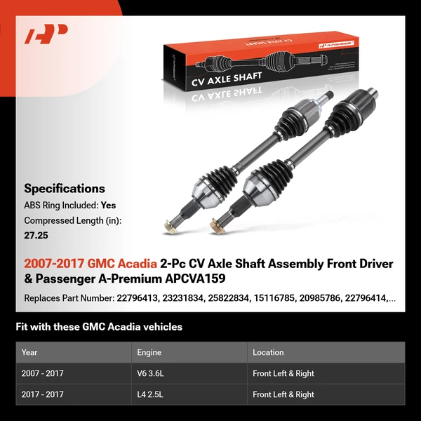 2007-2017 GMC Acadia 2-Pc CV Axle Shaft Assembly Front Driver & Passenger A-Premium APCVA159