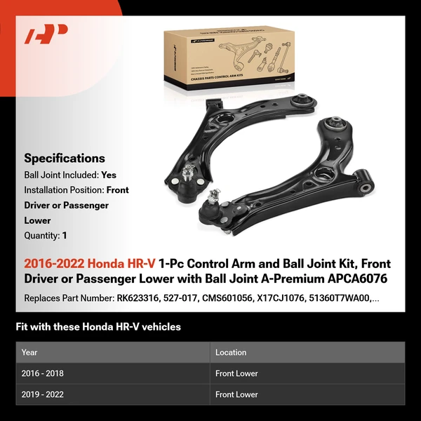 2016-2022 Honda HR-V 1-Pc Control Arm and Ball Joint Kit, Front Driver or Passenger Lower with Ball Joint A-Premium APCA6076