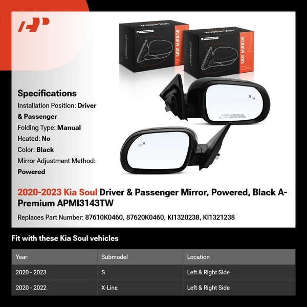2020-2023 Kia Soul Driver & Passenger Mirror, Powered, Black A-Premium APMI3143TW