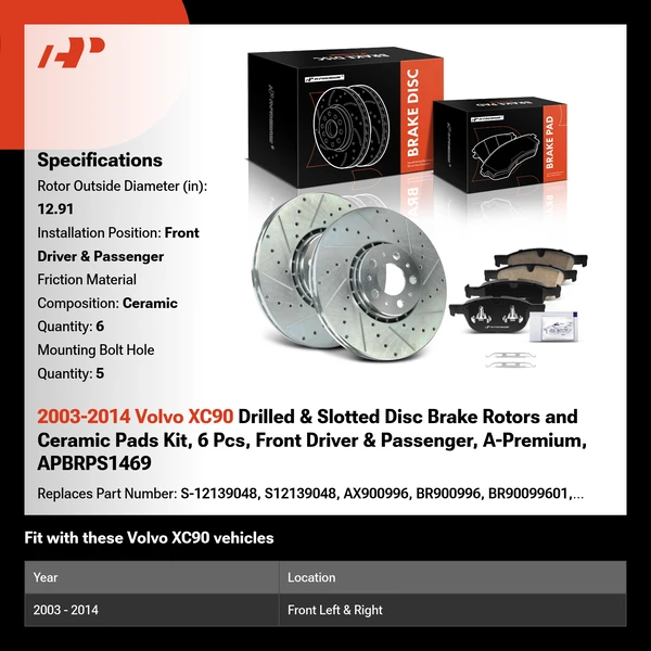 2003-2014 Volvo XC90 Drilled & Slotted Disc Brake Rotors and Ceramic Pads Kit, 6 Pcs, Front Driver & Passenger, A-Premium, APBRPS1469