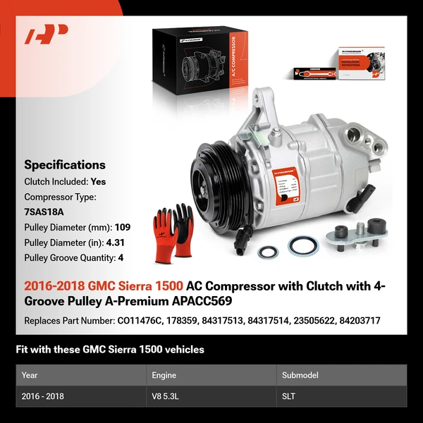 2016-2018 GMC Sierra 1500 AC Compressor with Clutch with 4-Groove Pulley A-Premium APACC569