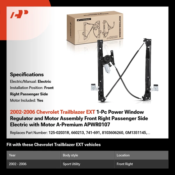 2002-2006 Chevrolet Trailblazer EXT 1-Pc Power Window Regulator and Motor Assembly Front Right Passenger Side Electric with Motor A-Premium APWR0107