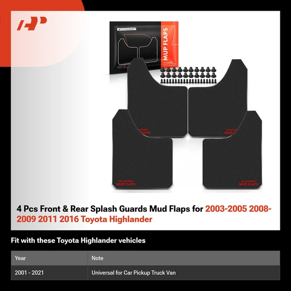 4 Pcs Front & Rear Splash Guards Mud Flaps for 2003-2005 2008-2009 2011 2016 Toyota Highlander