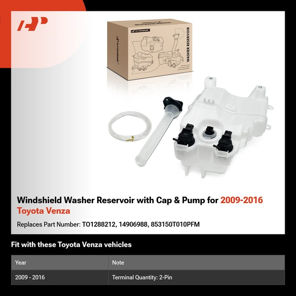 Windshield Washer Reservoir with Cap & Pump for 2009-2016 Toyota Venza