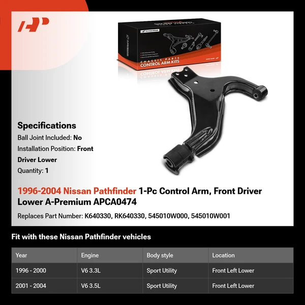 1996-2004 Nissan Pathfinder 1-Pc Control Arm, Front Driver Lower A-Premium APCA0474