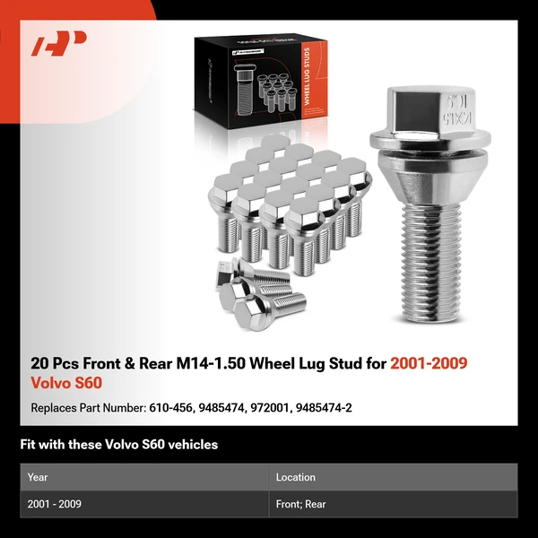 20 Pcs Front & Rear M14-1.50 Wheel Lug Stud for 2001-2009 Volvo S60