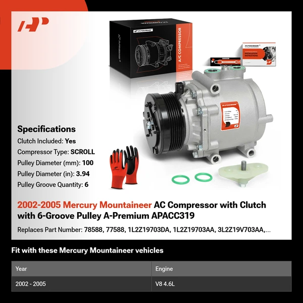 2002-2005 Mercury Mountaineer AC Compressor with Clutch with 6-Groove Pulley A-Premium APACC319