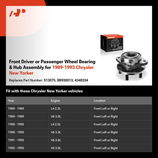 Front Driver or Passenger Wheel Bearing & Hub Assembly for 1989-1993 Chrysler New Yorker