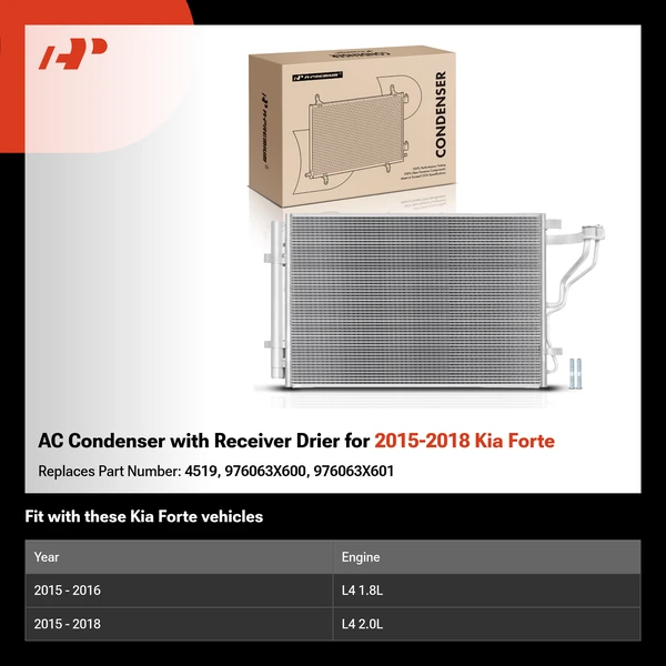 AC Condenser with Receiver Drier for 2015-2018 Kia Forte