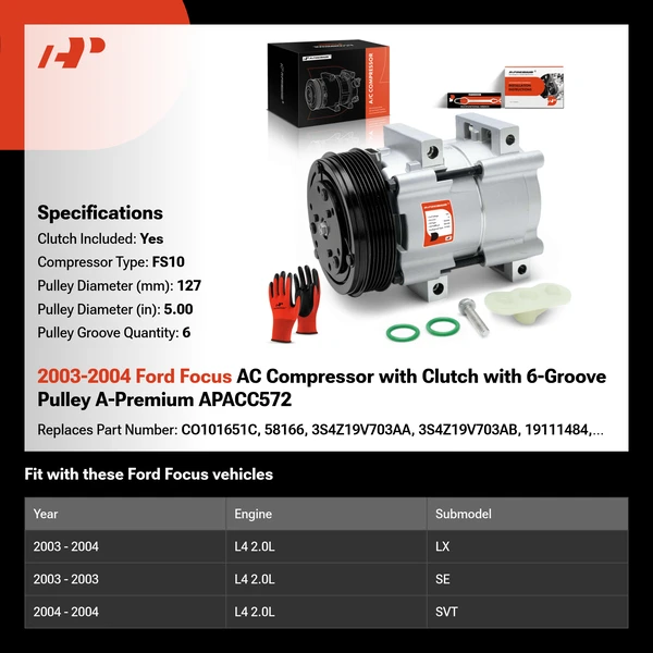 2003-2004 Ford Focus AC Compressor with Clutch with 6-Groove Pulley A-Premium APACC572