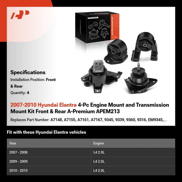 2007-2010 Hyundai Elantra 4-Pc Engine Mount and Transmission Mount Kit Front & Rear A-Premium APEM213