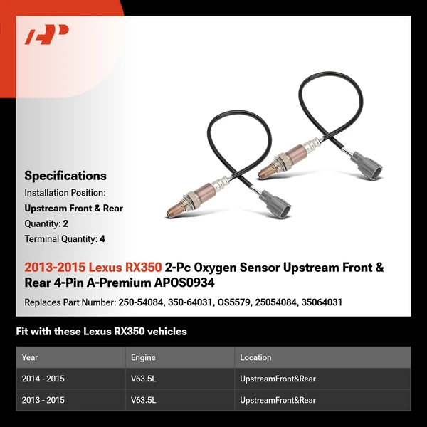 2013-2015 Lexus RX350 2-Pc Oxygen Sensor Upstream Front & Rear 4-Pin A-Premium APOS0934