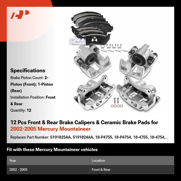 12 Pcs Front & Rear Brake Calipers & Ceramic Brake Pads for 2002-2005 Mercury Mountaineer
