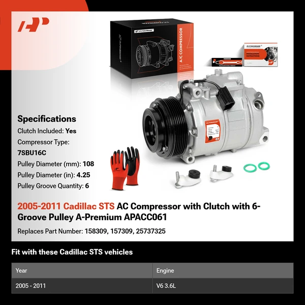2005-2011 Cadillac STS AC Compressor with Clutch with 6-Groove Pulley A-Premium APACC061